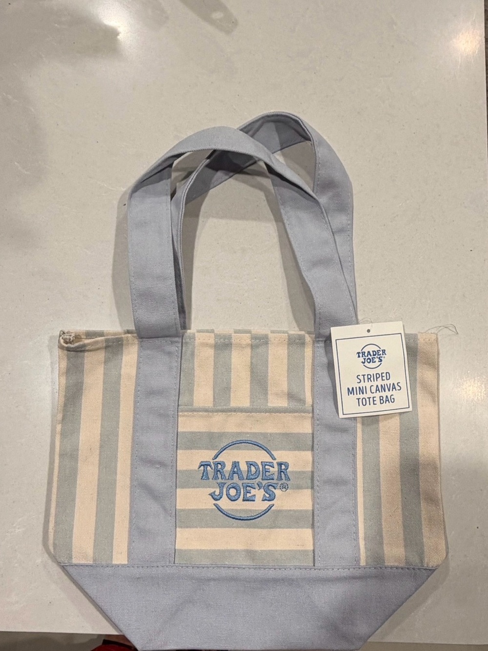 Trader Joe's Striped Mini Canvas Tote Bag in Light Blue and Cream
